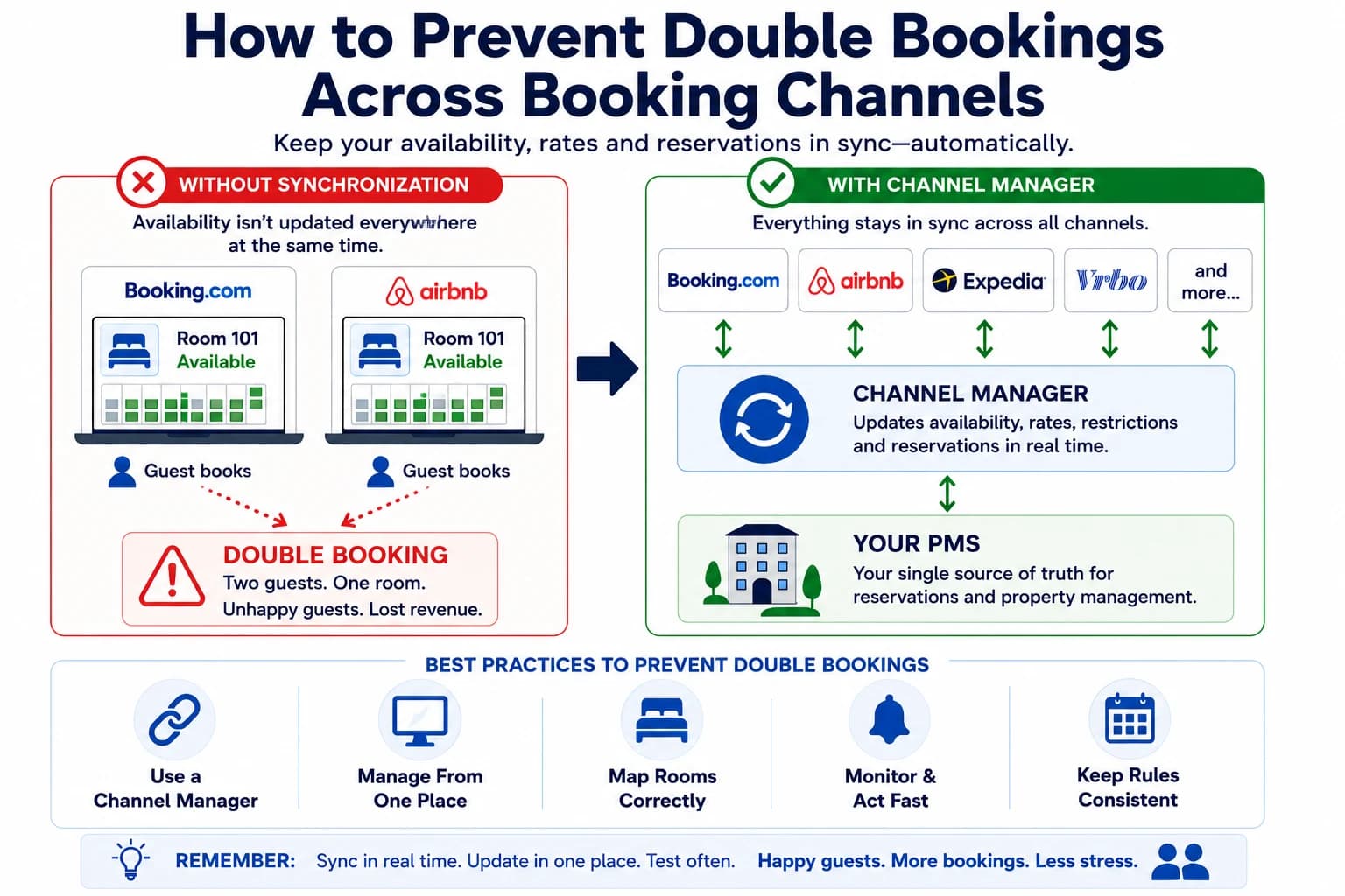 Comparison diagram showing how a channel manager helps prevent double bookings by synchronizing booking channels with a property's PMS.