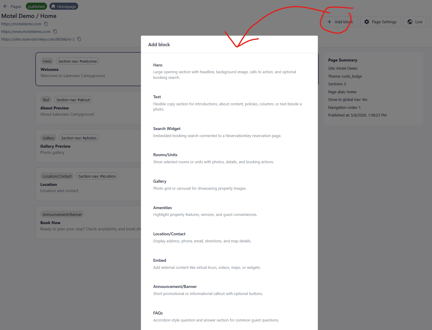 Add block menu showing available Website Builder block types