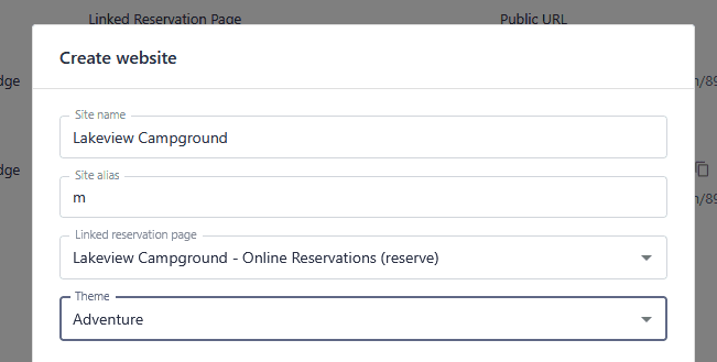 Create website screen in ReservationKey Website Builder
