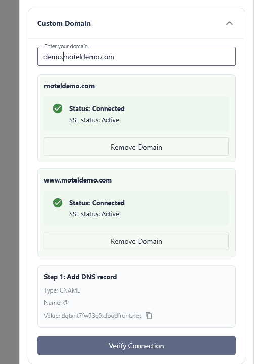 Custom domain settings panel in ReservationKey Website Builder
