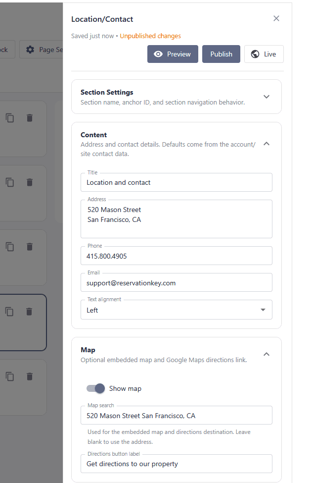 Location block settings with map and address fields