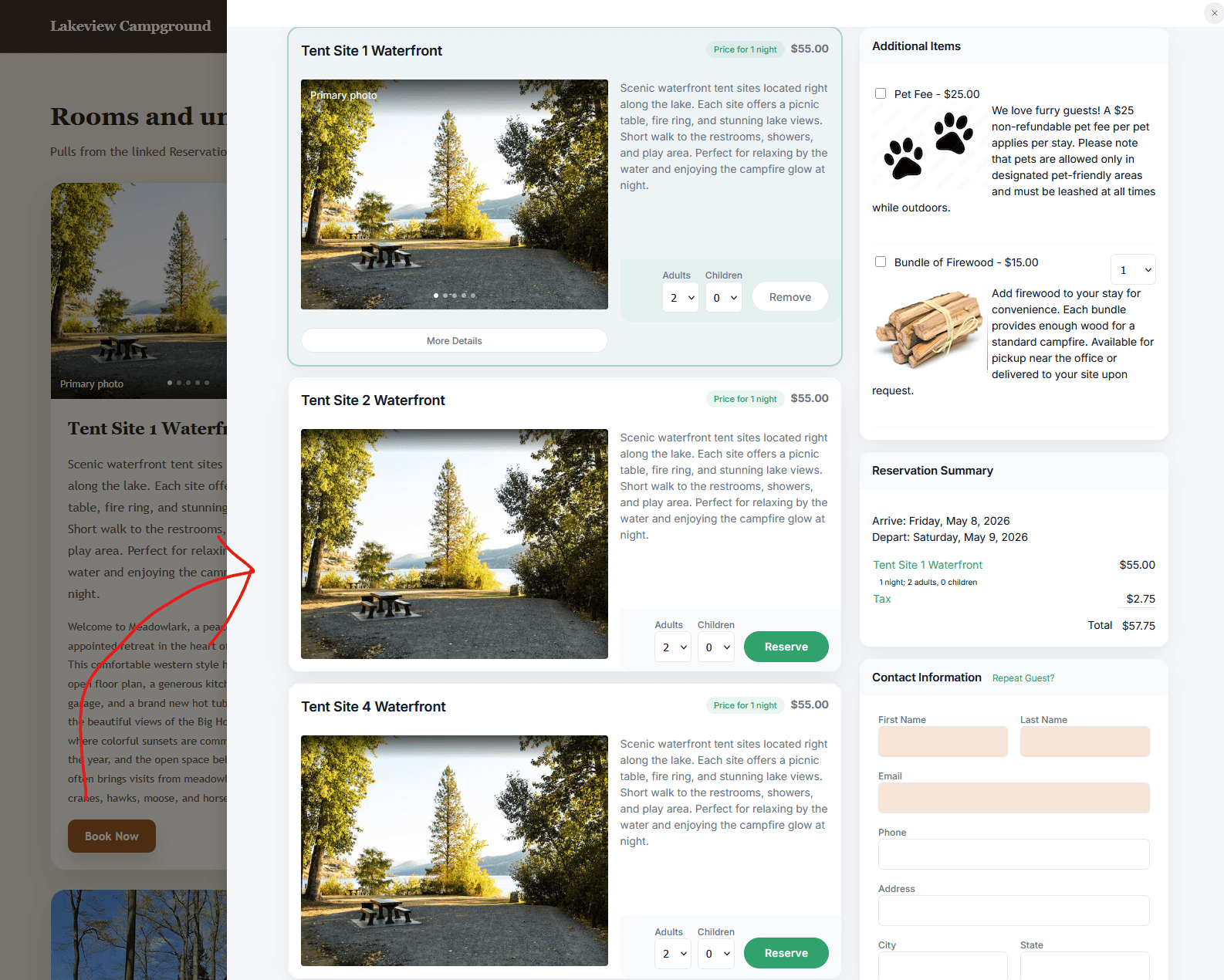 Reservation search drawer opened from a Website Builder site