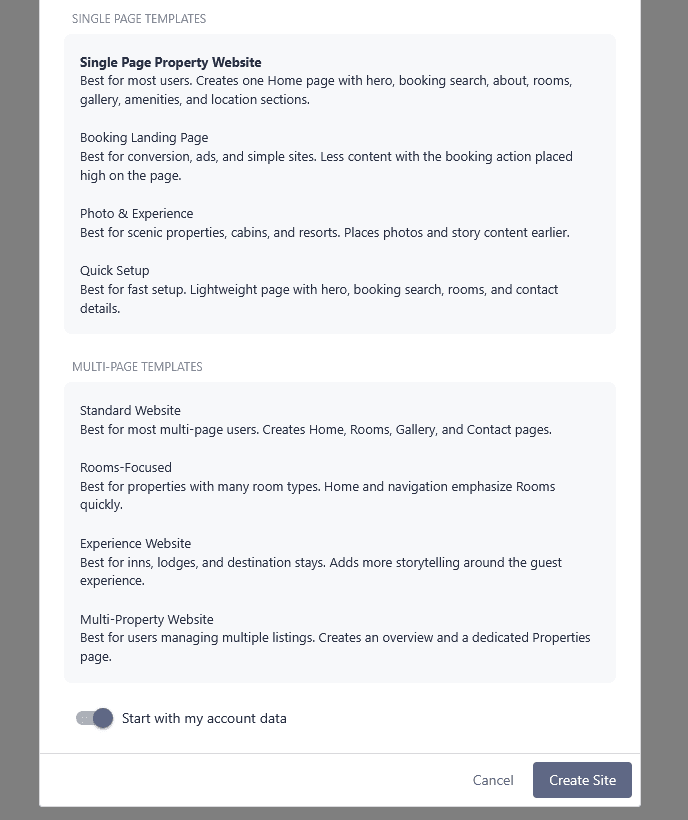 Single-page and multi-page Website Builder template options