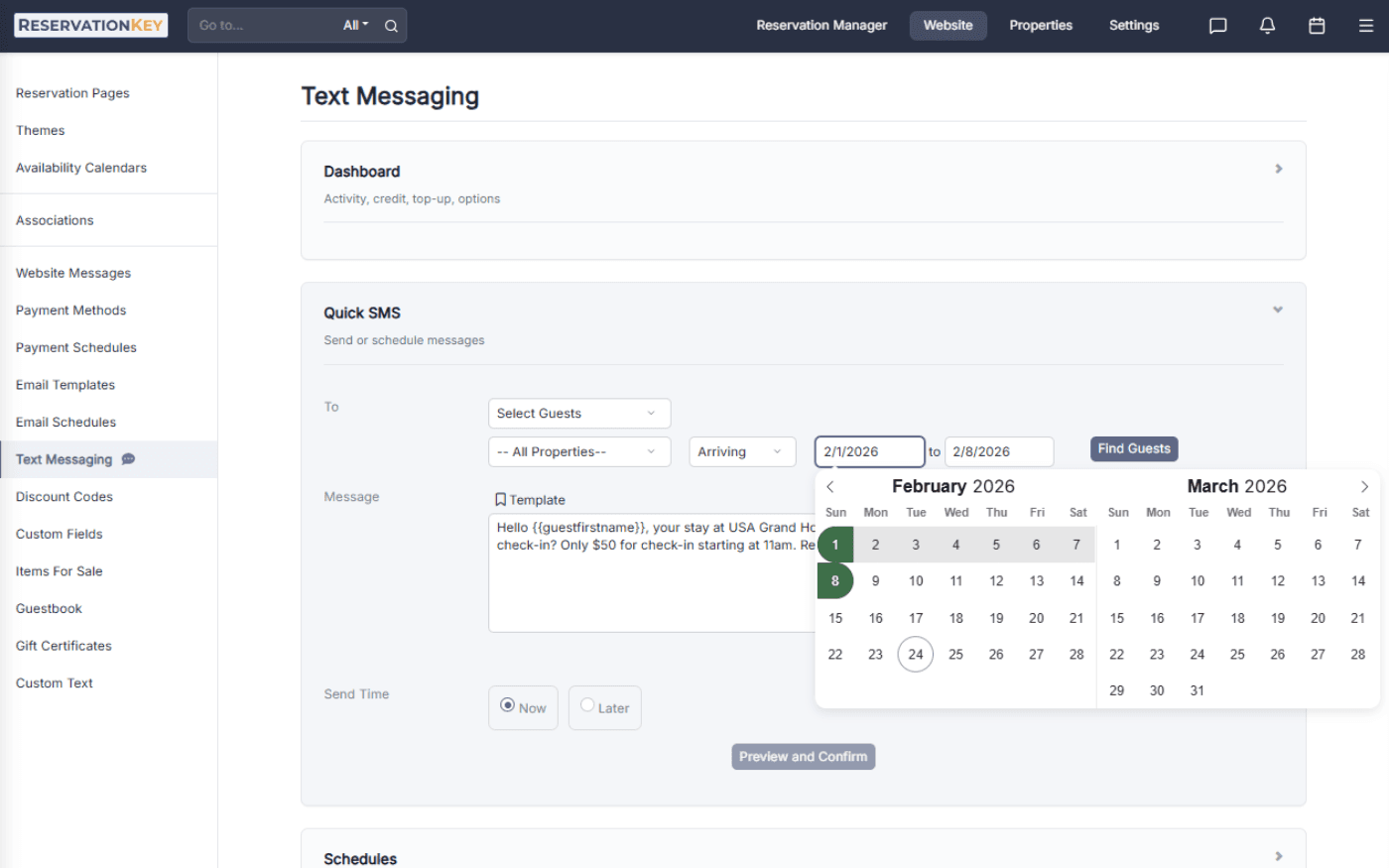Automated guest text messaging in ReservationKey