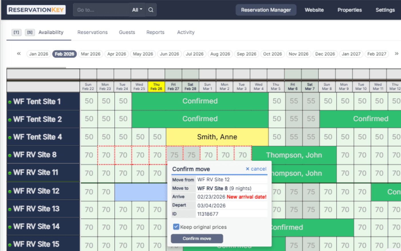 Reservation calendar drag and drop booking adjustments
