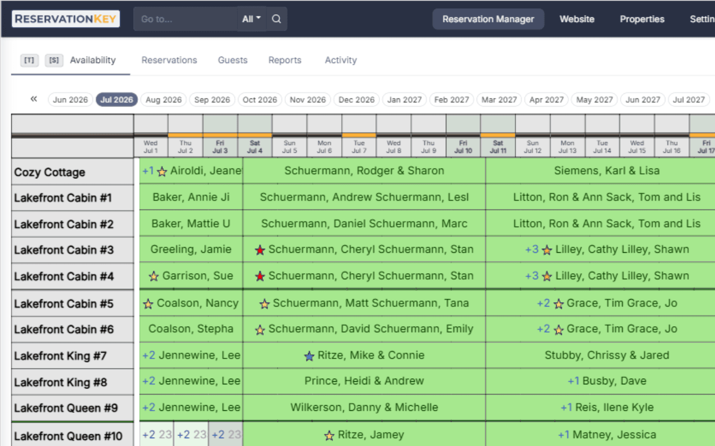 Reservation calendar showing bookings availability and guest status