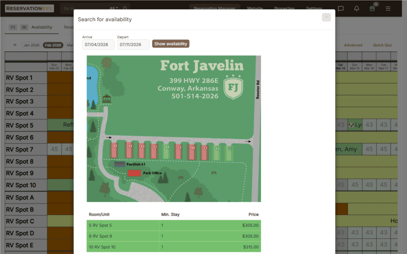 Interactive property map for availability and reservation selection