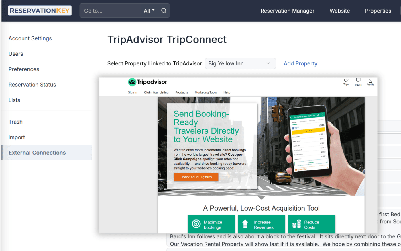 TripAdvisor TripConnect direct booking integration in ReservationKey