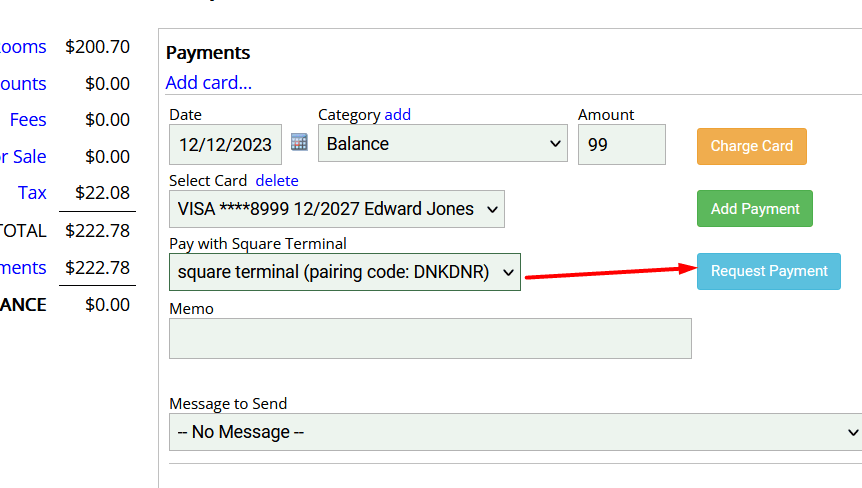 Charging a saved credit card from the reservation screen