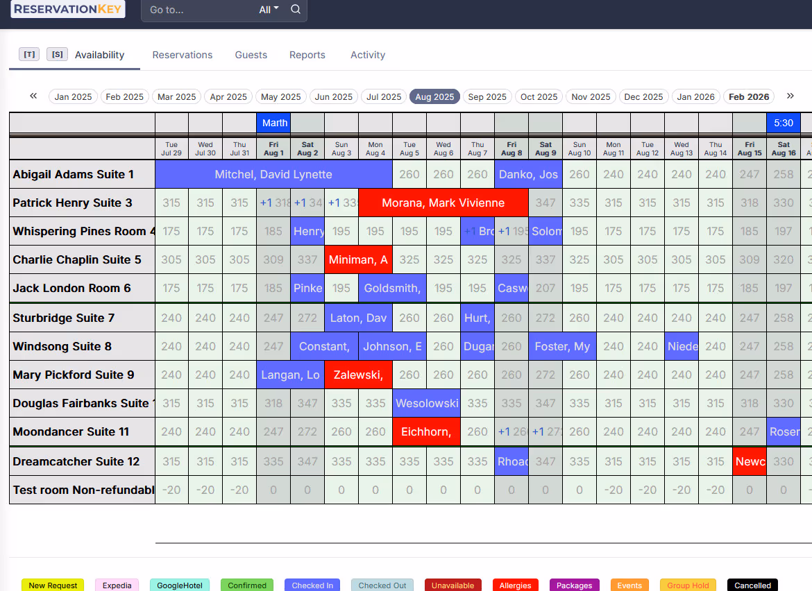 Reservation calendar for a bed and breakfast