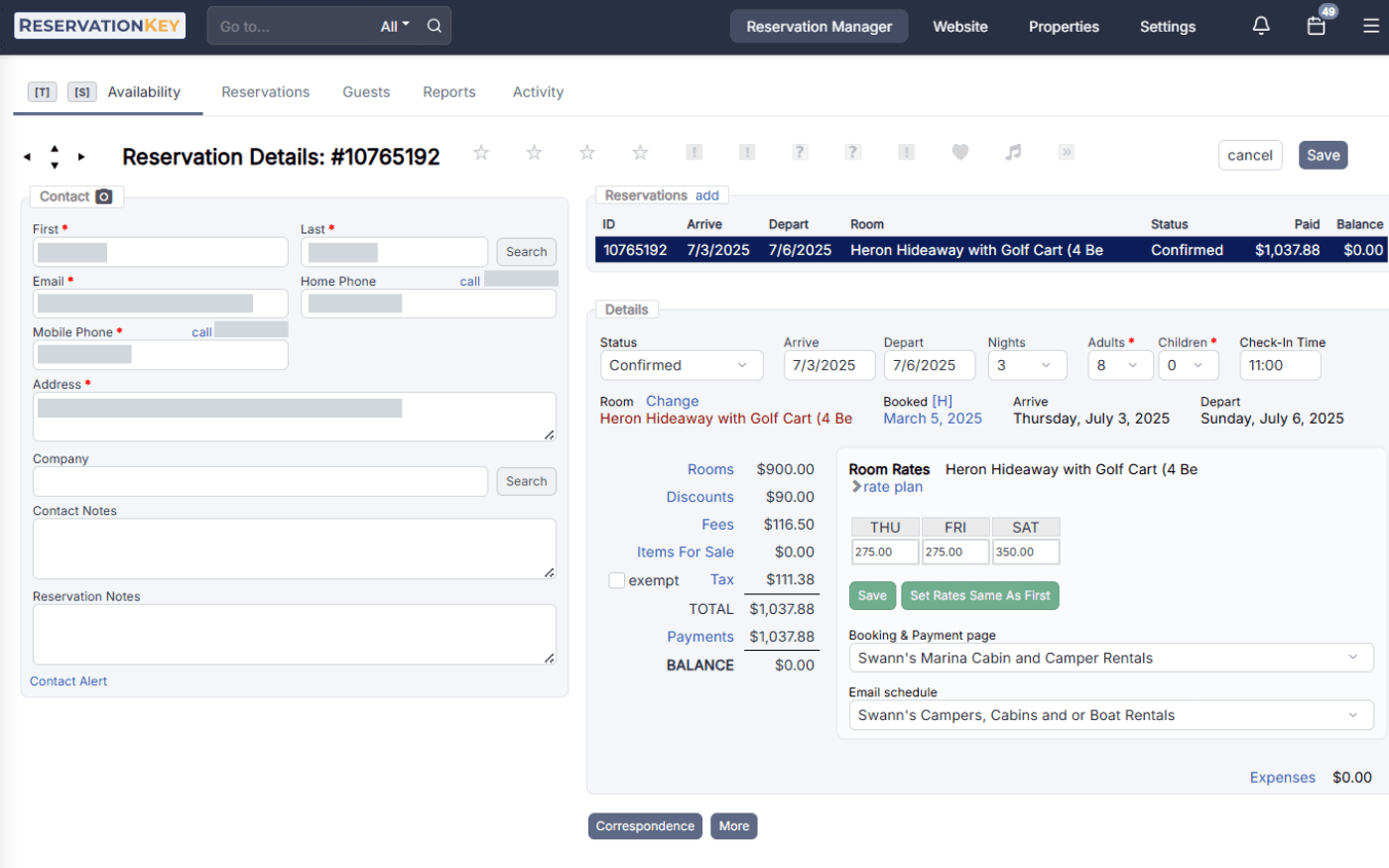Guest management screen in bed and breakfast booking system