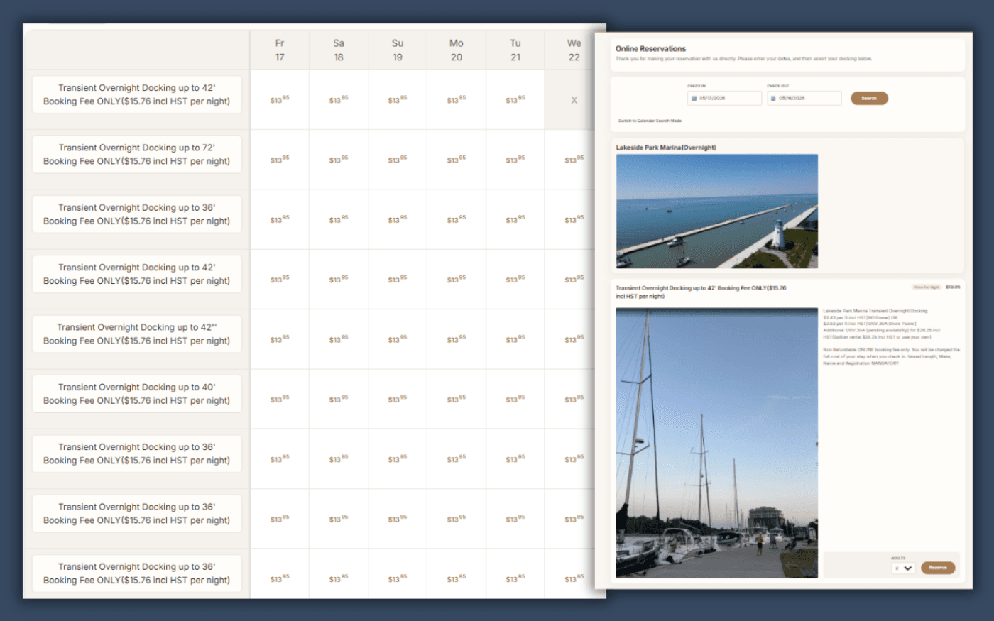 Flexible boat rental booking software with calendar and date search modes