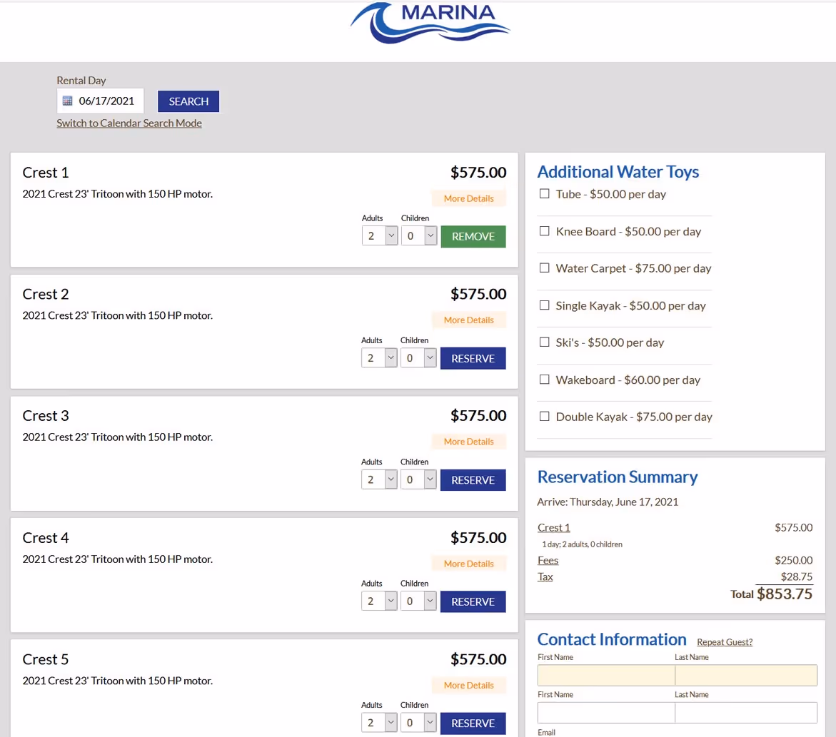 Flexible boat rental booking software with calendar and date search modes