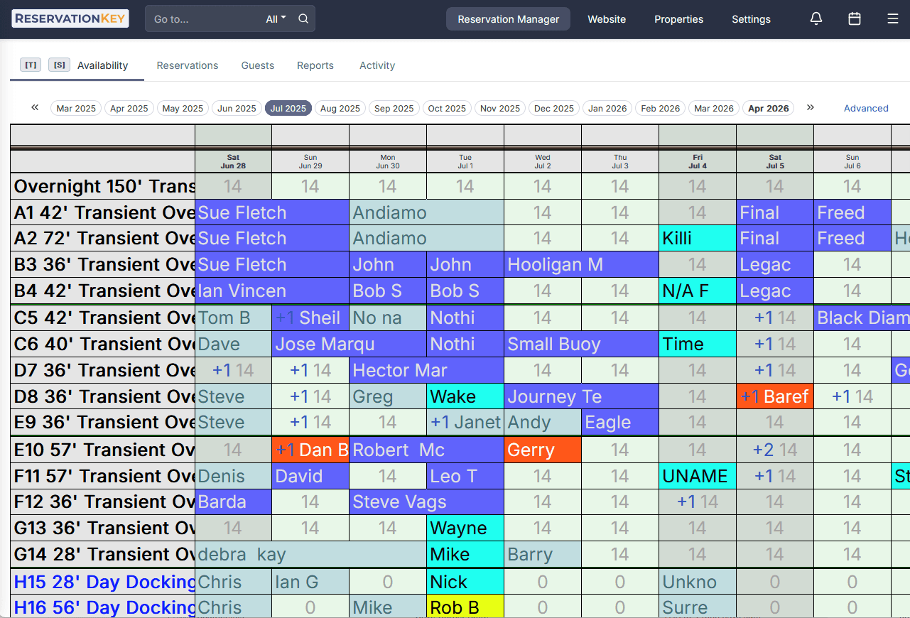 Boat reservation system calendar for marina rental availability tracking
