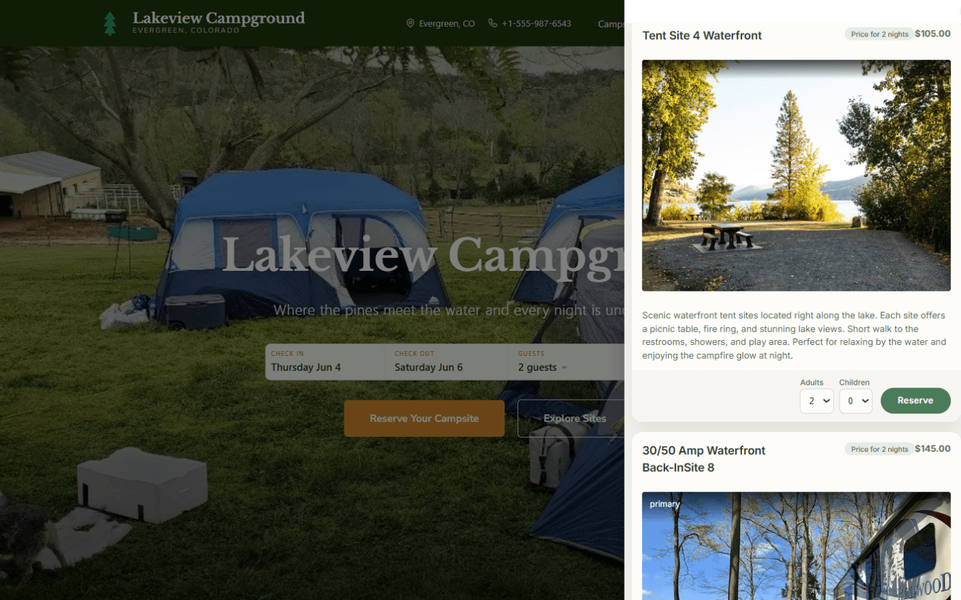 Campground reservation software calendar showing campsite and RV site bookings