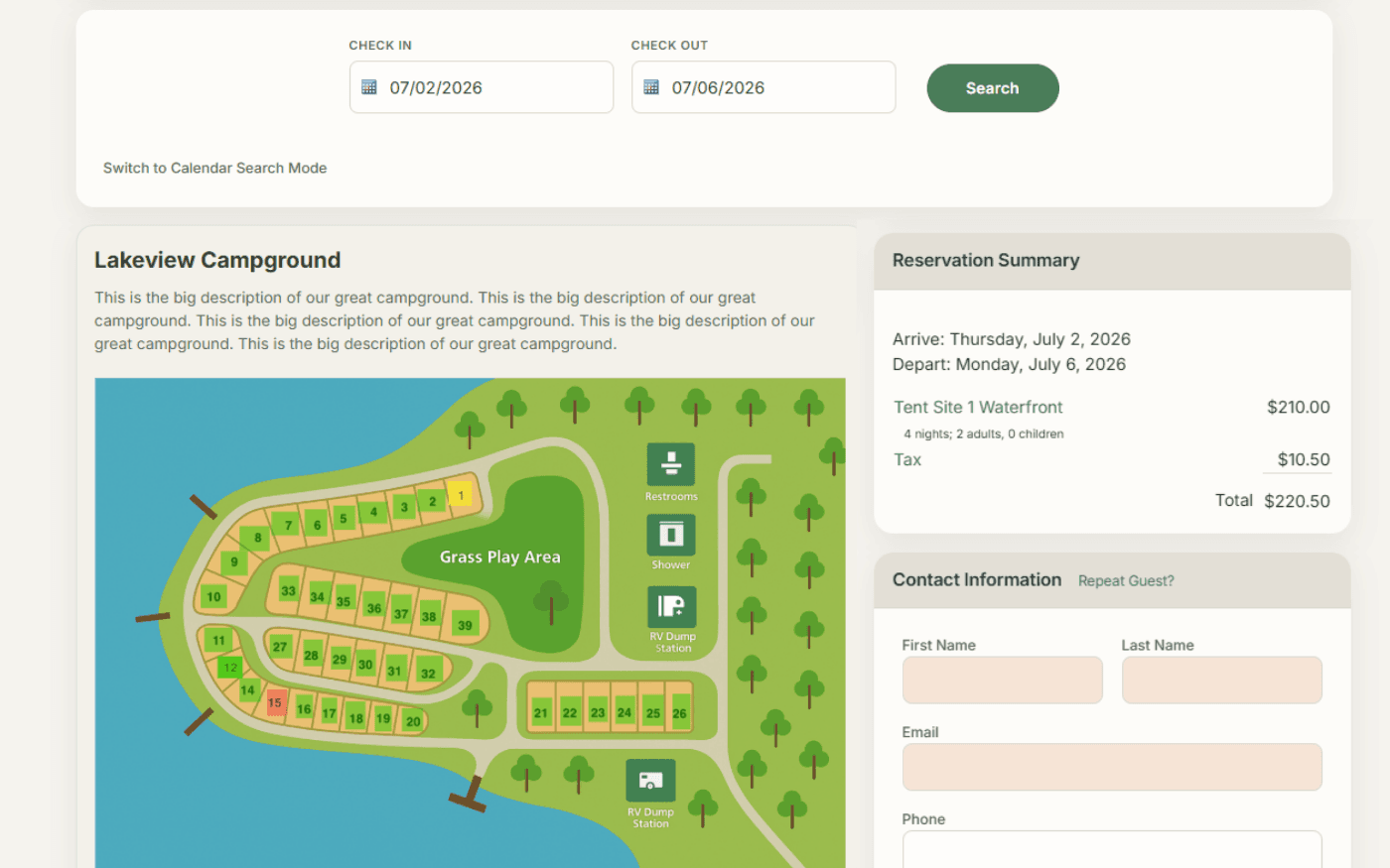 Interactive campground map with clickable campsite selection