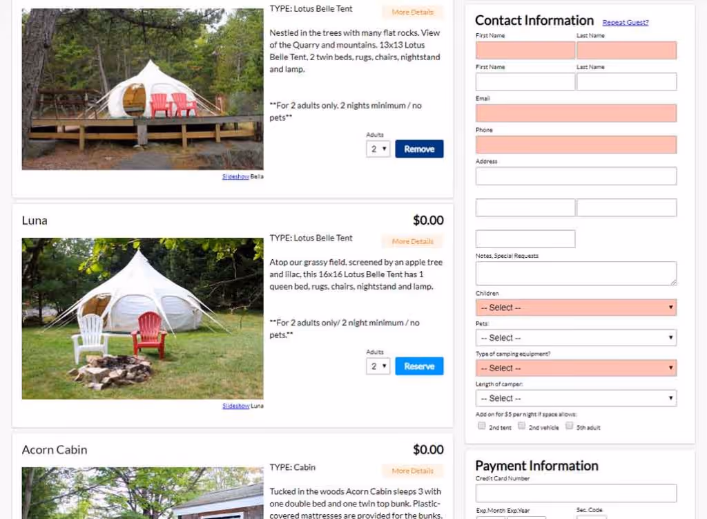 Campground booking engine interface