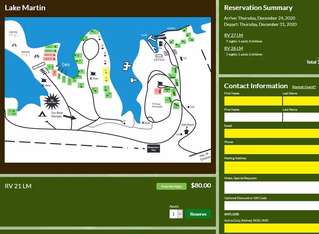 Clickable campground map with site availability