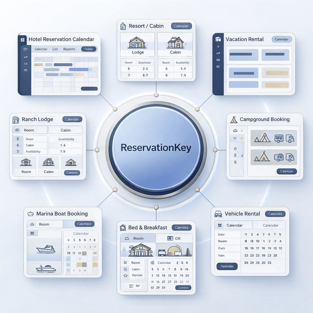 ReservationKey industry diagram connecting hotels, vacation rentals, campgrounds, marinas, and other business types