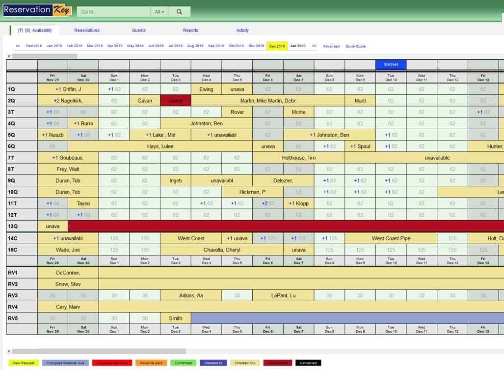 Color-coded ranch reservation calendar for cabins rooms and ranch units