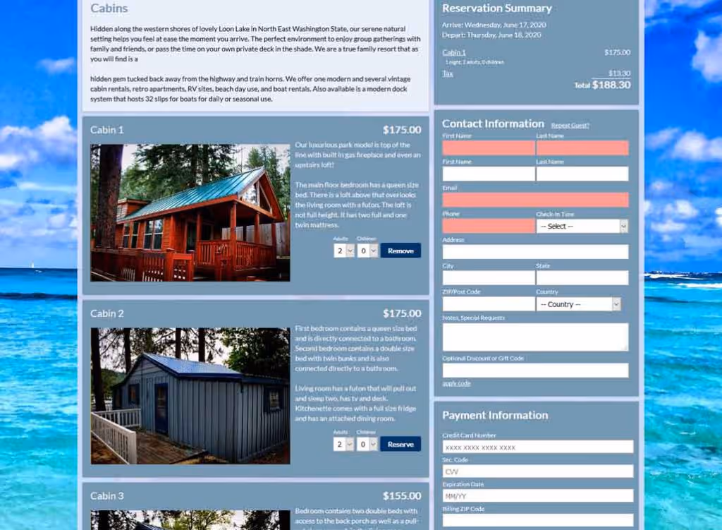 Cabin booking engine for direct resort and cabin website reservations