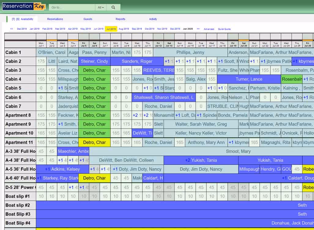 Resort reservation software calendar for cabins and resort units