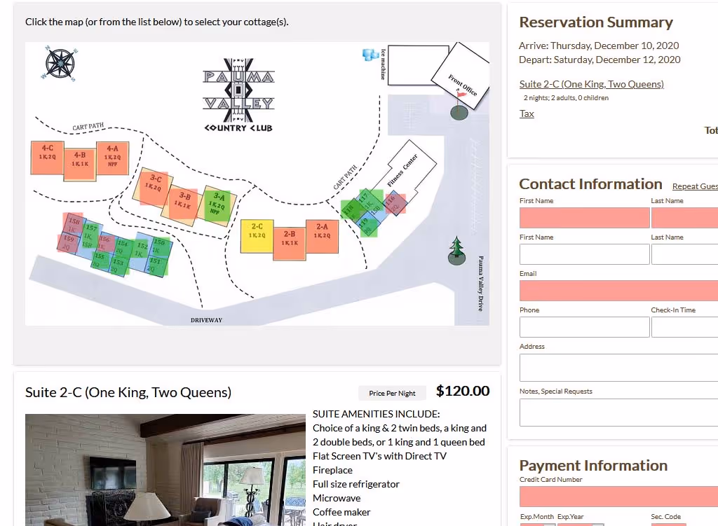 Interactive resort property map with clickable cabin selection