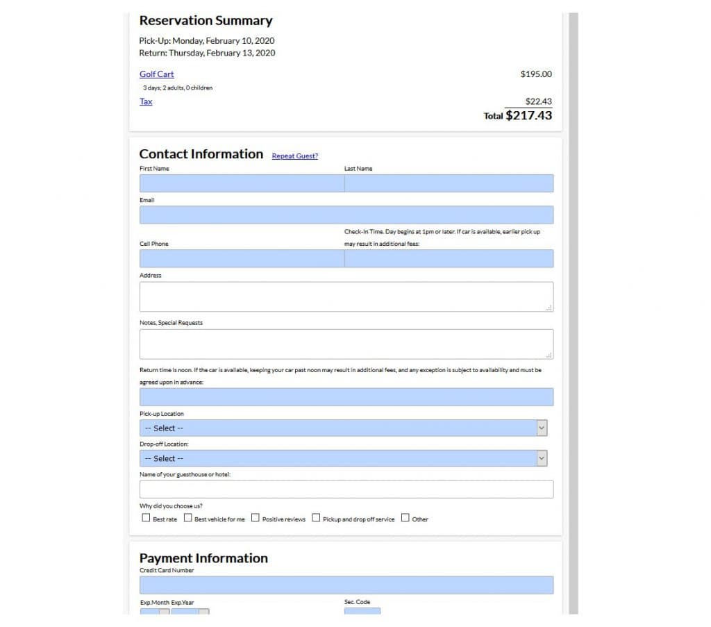 Secure online payments for vehicle rentals with card PayPal and Square Terminal