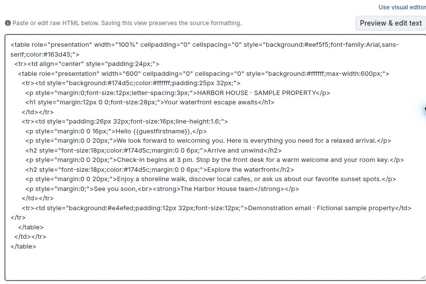 HTML source editor with a sample Harbor House email and the Preview & edit text button at the upper right.