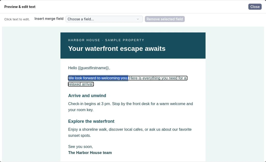 Rendered Harbor House email preview with a welcome sentence selected and the Insert merge field control above the email.