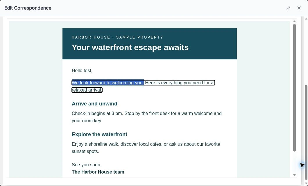 Edit Correspondence showing a rendered sample email addressed to test, with a welcome sentence selected for editing.