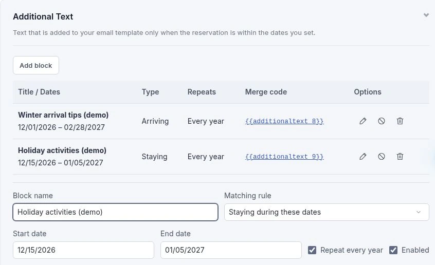 Additional Text with Winter arrival tips and Holiday activities demo blocks, plus matching rule, dates, and Repeat every year controls.