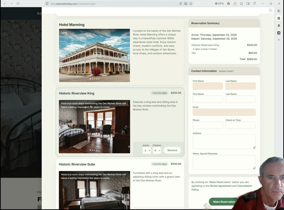 ReservationKey booking drawer with room choices on the left and a reservation summary showing room charges, tax, and total on the right