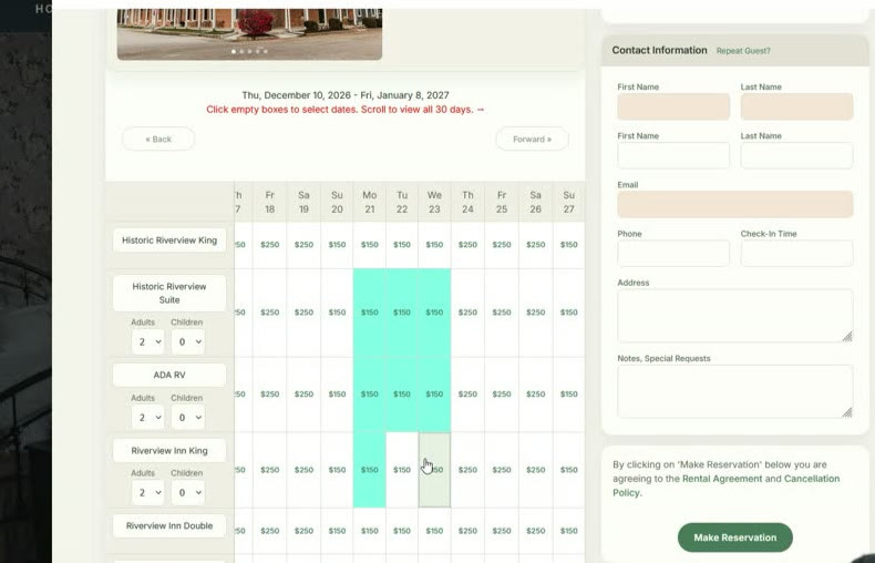 ReservationKey calendar booking view with three room rows selected for different lengths of stay and the guest information form beside the grid