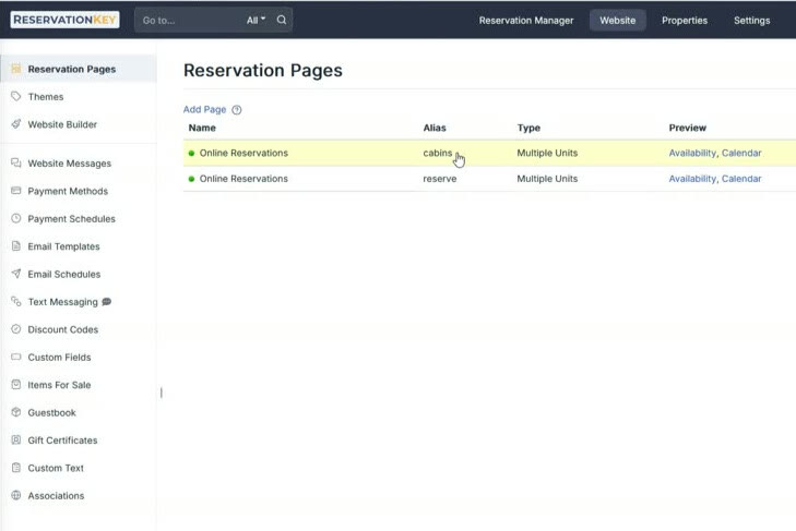 ReservationKey Reservation Pages settings showing separate booking pages with cabins and reserve aliases