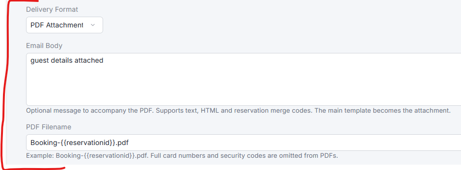 Delivery Format set to PDF Attachment, with optional Email Body and a merge-code PDF Filename