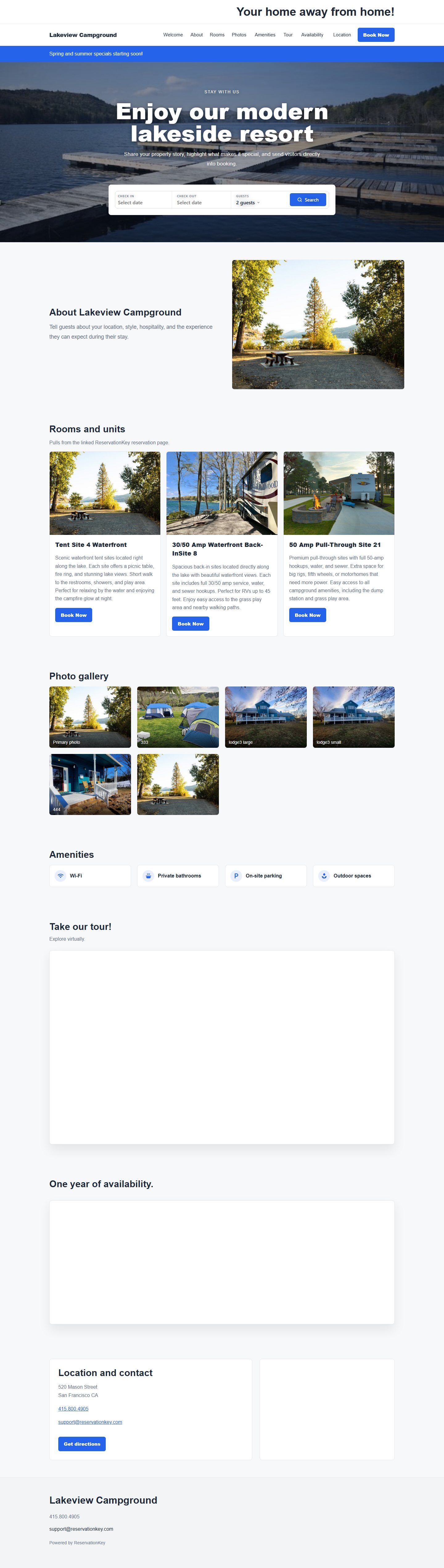 Homepage screenshot of the Lakeview Campground demo website